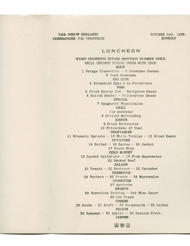 T.S.S. Nieuw Holland luncheon menu. Sunday October 2nd, 1938
