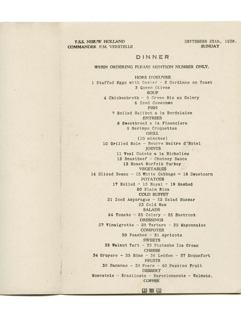 T.S.S. Nieuw Holland luncheon menu. Sunday September 25th, 1938