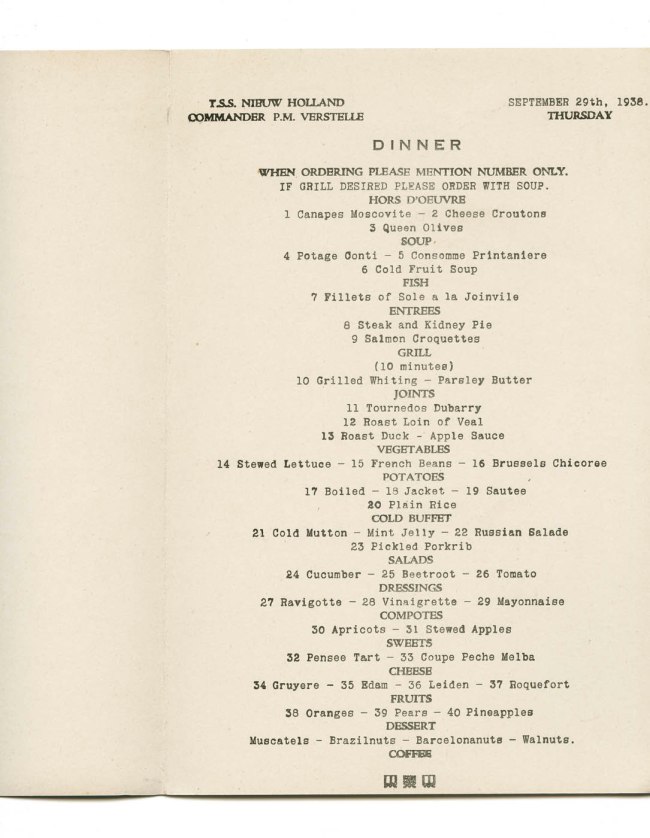 T.S.S. Nieuw Holland luncheon menu. Thursday September 29th, 1938