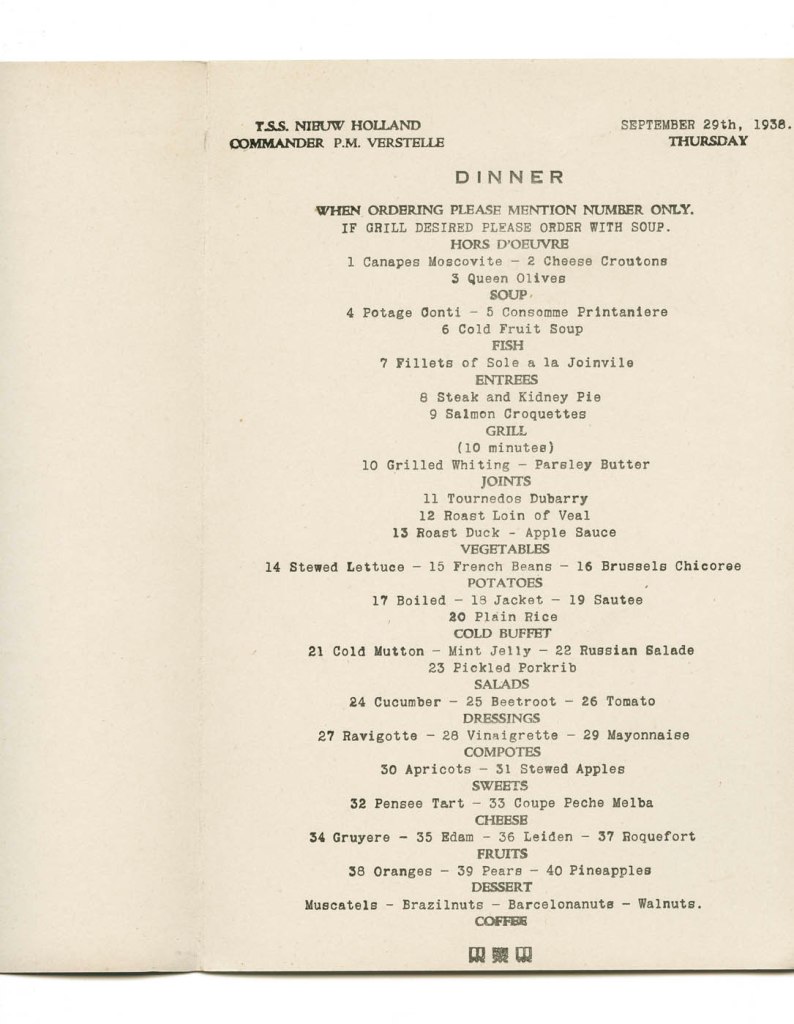 T.S.S. Nieuw Holland luncheon menu. Thursday September 29th, 1938