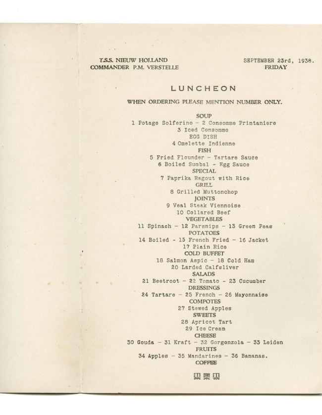 T.S.S. Nieuw Holland luncheon menu. Friday September 23rd, 1938