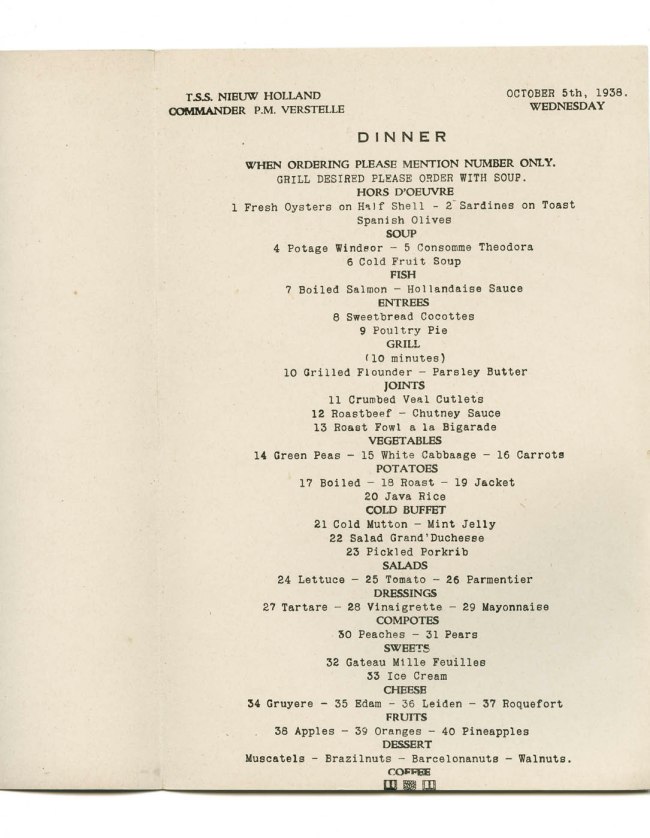 T.S.S. Nieuw Holland luncheon menu. Wednesday October 5th, 1938