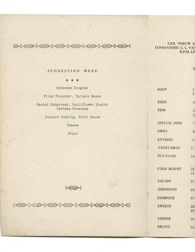 T.S.S. Nieuw Zeeland luncheon menu. Friday 26th May, 1939