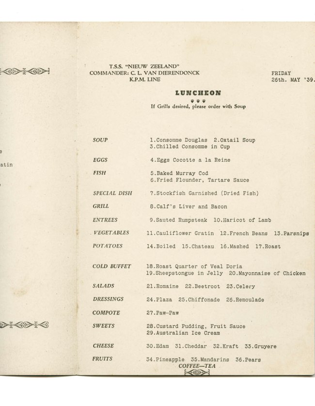T.S.S. Nieuw Zeeland luncheon menu. Friday 26th May, 1939
