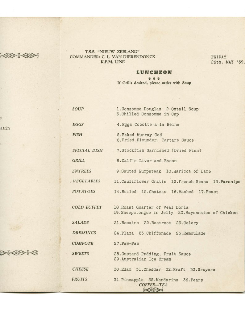 T.S.S. Nieuw Zeeland luncheon menu. Friday 26th May, 1939