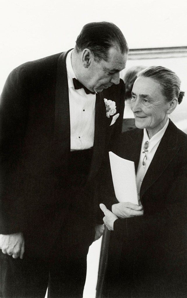 Rollie McKenna (American, 1918-2003) 'Georgia O'Keeffe with René d'Harnoncourt, Director of MoMA, at the Georges Seurat Opening, NYC' 1958