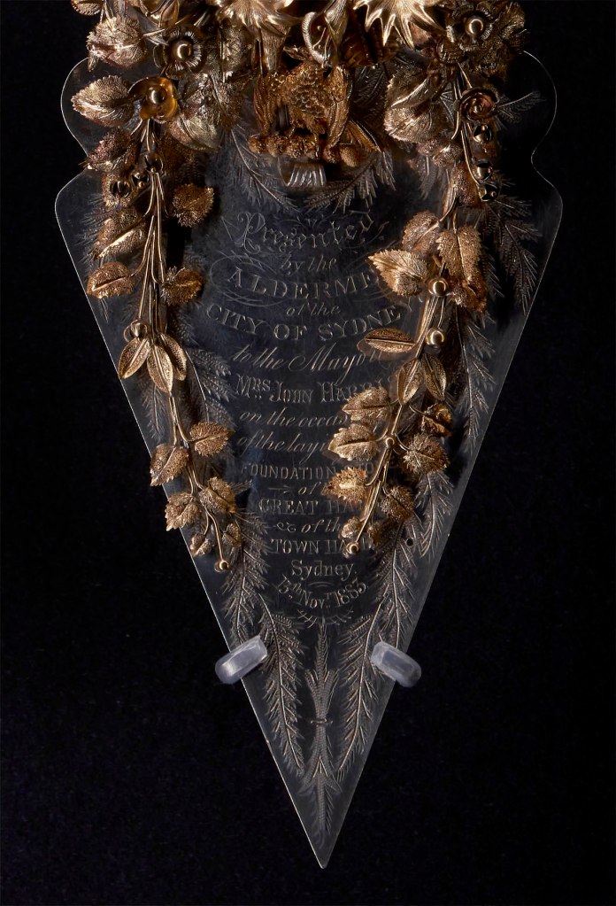 William Kerr (Australian born Ireland, 1838-1896)(maker, Sydney, New South Wales, Australia) 'Presentation trowel' c. 1883 (installation view detail)