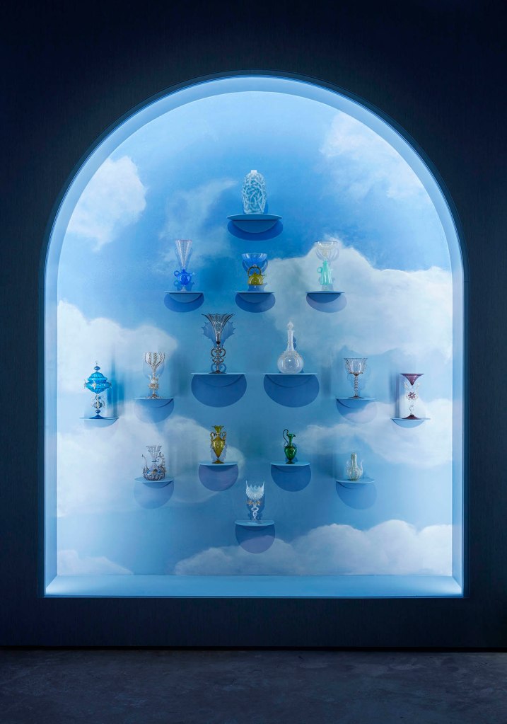 Installation view of the exhibition '1,001 Remarkable Objects' at Powerhouse Ultimo, Sydney showing 1880s Murano glass from Venice, Italy made by the Venice & Murano Glass and Mosaic Co. (except from the very top piece in the first image, which is a vase, 'Ronces' (Thorns), model 946, glass, designed by René Lalique, 1921, made by René Lalique et Cie, Wingen-sur-Moder, France, c. 1950)