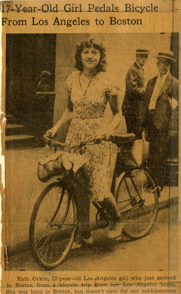 Ruth Orkin (American, 1921-1985) '17-Year-Old Girl Pedals Bicycle From Los Angeles to Boston, newspaper clipping from Boston' August 1939