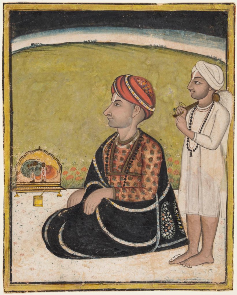 Unknown artist (Central India, Madhya Pradesh) 'A Ruler Seated on a Terrace Worshipping at a Shrine of Radha and Krishna' c. 1800