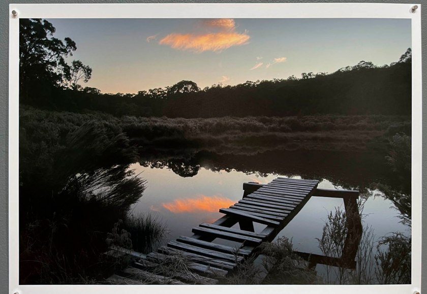 Julie Millowick (Australian, b. 1948) 'Early morning, reflected pink cloud, Crocodile Reservoir, Fryerstown' 2001
