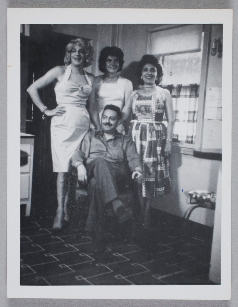 Unknown photographer (American) 'Susanna, Edith, and Marie with a man holding a cable release, Chevalier d'Éon, Hunter, NY' 1960-1963