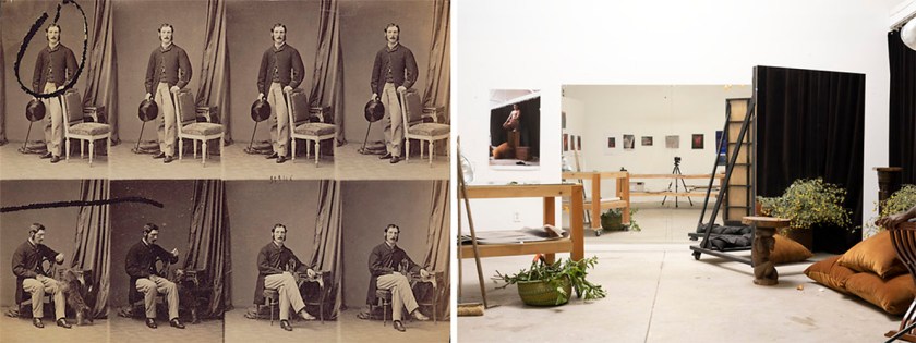 At left, André Adolphe-Eugène Disdéri (French, 1819-1889) 'Uncut Sheet of Cartes-de-Visite Portraits', 1860s; and at right, Paul Mpagi Sepuya (American, b. 1982) 'Daylight Studio with Garden Cuttings (_DSF0340)' 2022