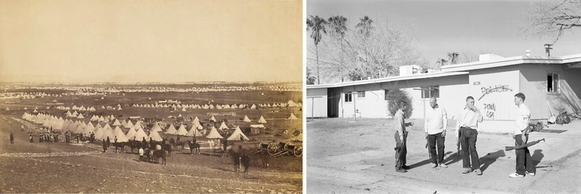 At left, Roger Fenton (English, 1819-1869) 'Plateau of Sebastopol II' 1855; and at right, An-My Lê (Vietnamese American, b. 1960) 'Security and Stabilization Operations, Iraqi Police' 2003-2004