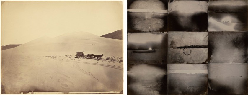 At left, Timothy O'Sullivan (American, about 1840-1882) 'Desert Sand Hills Near Sink of Carson, Nevada' 1867; and at right, Michelle Stuart (American, b. 1933) 'Timeless Land' 2021