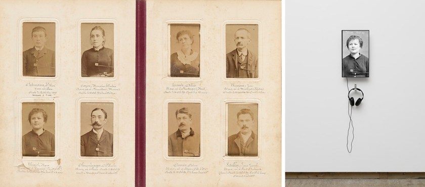 At left, Various makers. 'Pickpockets at the Universal Exposition of 1889' 1889; and at right, Fiona Tan (Indonesia, b. 1966) 'Marie Thiriot' 2021