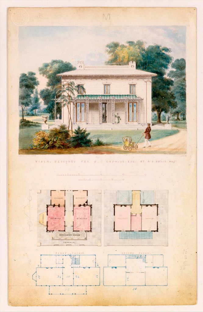 Alexander Jackson Davis (American, 1803–1892) 'Villa for David Codwise, near New Rochelle, NY (project; elevation and four plans)' 1835