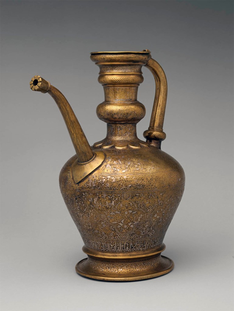'Umar ibn al-Hajji Jaldak (maker) 'Ewer with Inscription, Horsemen, and Vegetal Decoration' Dated 623 AH/1226 CE