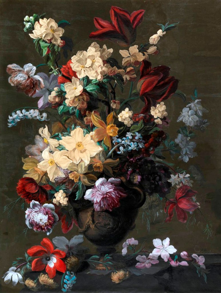 Mary Moser RA (English, 1744-1819) 'Flowers in a vase, which stands on a ledge' 1765