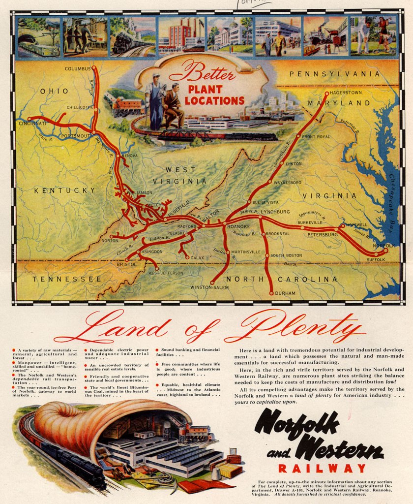 '1948 Norfolk and Western Railway - Land of Plenty Norfolk and Western magazine ad with system map' 1948