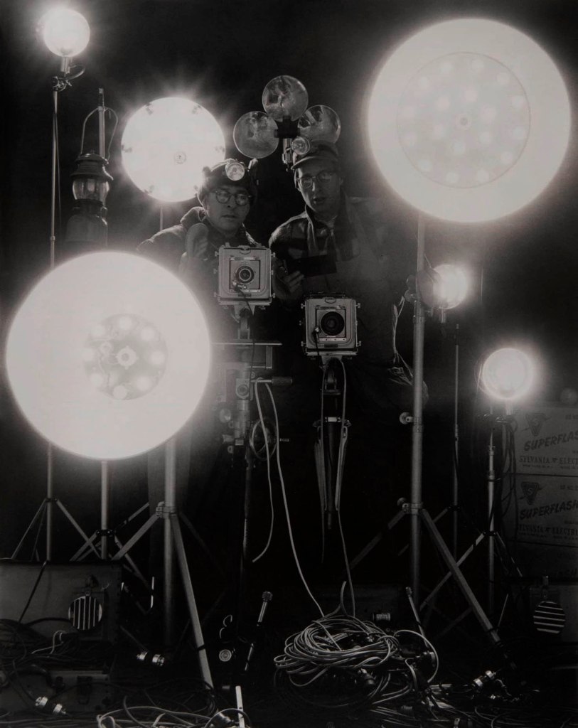 O. Winston Link (American, 1914-2001) 'Winston Link, George Thom and Night Flash Equipment: All Flashbulbs Firing' 1956