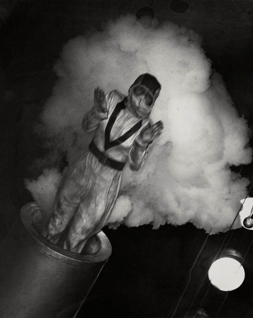 Weegee (Arthur Fellig) (American born Ukraine, 1899-1968) '[Circus performer Miss Victory (Eglie Zacchini) shot out of a cannon at the speed of 360 feet a second, New York]' June 28, 1943