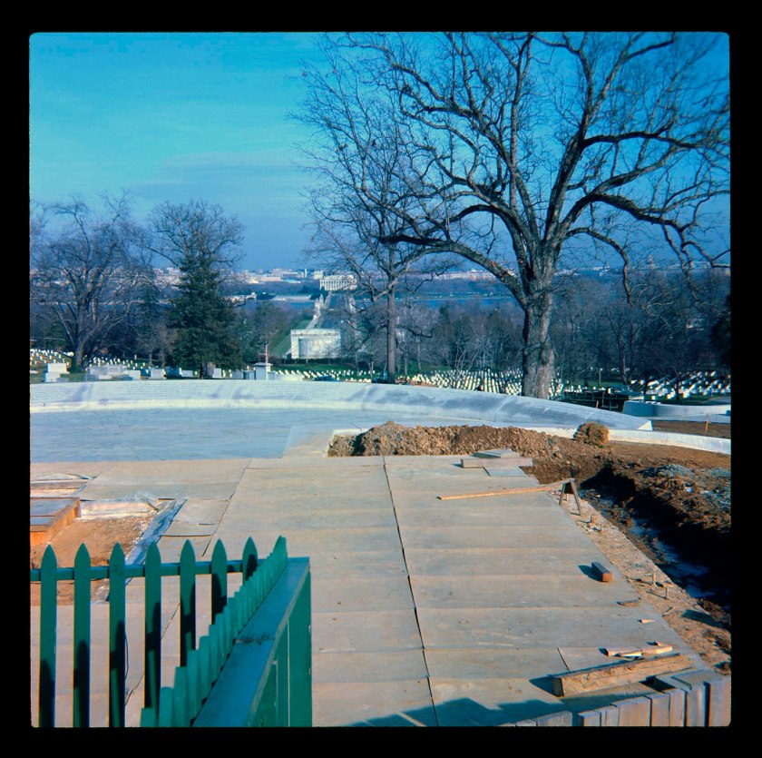 Unknown photographer (Australian) 'John F. Kennedy's gravesite under construction at Arlington Cemetery (foreground) with Memorial Bridge and the Lincoln Memorial in the background. View from Arlington House' Late 1966 / early 1967