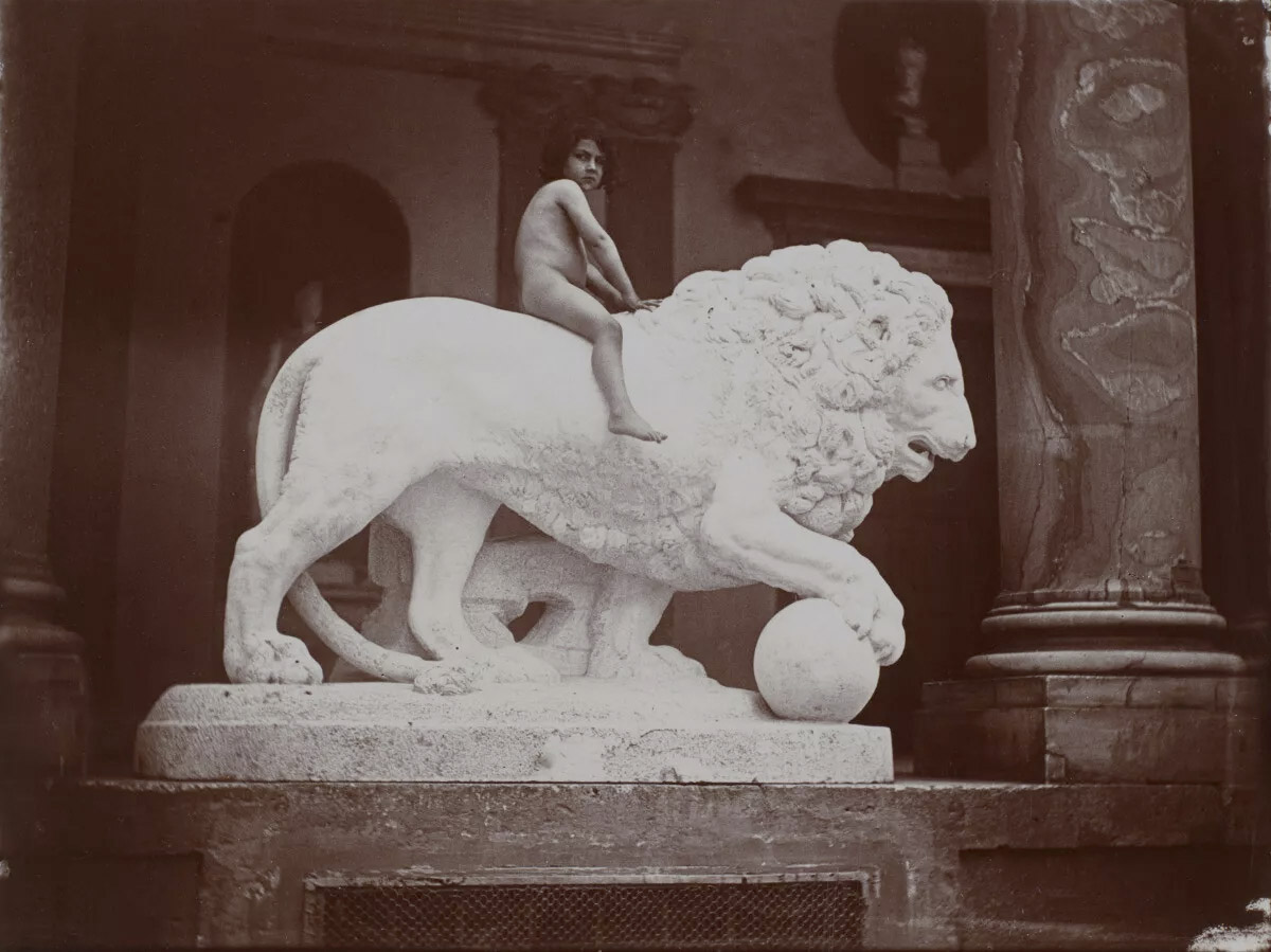 Gabrielle Hébert (French born Germany, 1853-1934) 'Le jeune modèle Peppino sur l'un des lions de la loggia, 18 juin 1890' (The young model Peppino on one of the lions of the loggia, June 18, 1890) 1890 Gabrielle Hébert (French born Germany, 1853-1934) 'Le jeune modèle Peppino sur l'un des lions de la loggia, 18 juin 1890' (The young model Peppino on one of the lions of the loggia, June 18, 1890) 1890