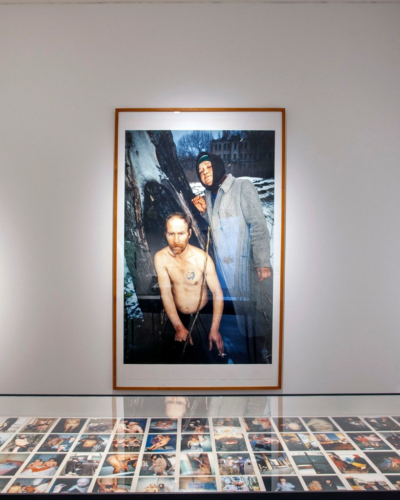 Installation view of the exhibition 'Boris Mikhailov: Ukrainian Diary' at The Photographers' Gallery, London showing photographs from his series 'Case History' (1997-1998)
