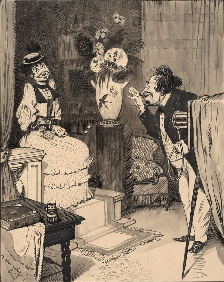 Adolf Hengeler (German, 1863-1927) "At the photographer's: 'Now, young lady, please smile nicely and look friendly!…One, two, three!… That's it, thank you! Now you can go back to your natural expression!'" Published in 'Fliegende Blätter' 1893