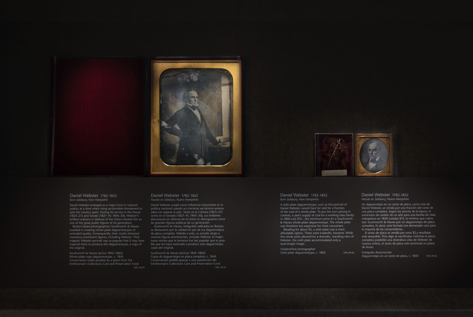 Installation view of the exhibition 'From Shadow to Substance: Grand-Scale Portraits During Photography's Formative Years' at the National Portrait Gallery, Washington, June 20, 2025 - June 7, 2026 showing at left, Southworth & Hawes' 'Daniel Webster 1782-1852' c. 1845; and at right, Unidentified photographer 'Daniel Webster 1782-1852' c. 1850 Installation view of the exhibition 'From Shadow to Substance: Grand-Scale Portraits During Photography's Formative Years' at the National Portrait Gallery, Washington, June 20, 2025 - June 7, 2026 showing at left, Southworth & Hawes' 'Daniel Webster 1782-1852' c. 1845; and at right, Unidentified photographer 'Daniel Webster 1782-1852' c. 1850