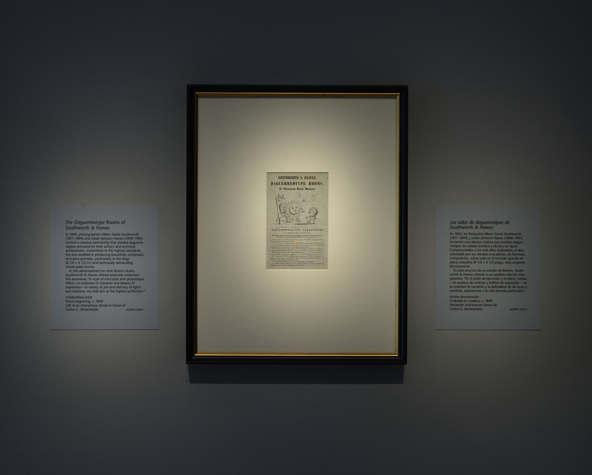 Installation view of the exhibition 'From Shadow to Substance: Grand-Scale Portraits During Photography's Formative Years' at the National Portrait Gallery, Washington, June 20, 2025 - June 7, 2026 showing a wood engraving by an unidentified artist of 'Southworth & Hawes' Daguerreotype Rooms' c. 1849 Installation view of the exhibition 'From Shadow to Substance: Grand-Scale Portraits During Photography's Formative Years' at the National Portrait Gallery, Washington, June 20, 2025 - June 7, 2026 showing a wood engraving by an unidentified artist of 'Southworth & Hawes' Daguerreotype Rooms' c. 1849