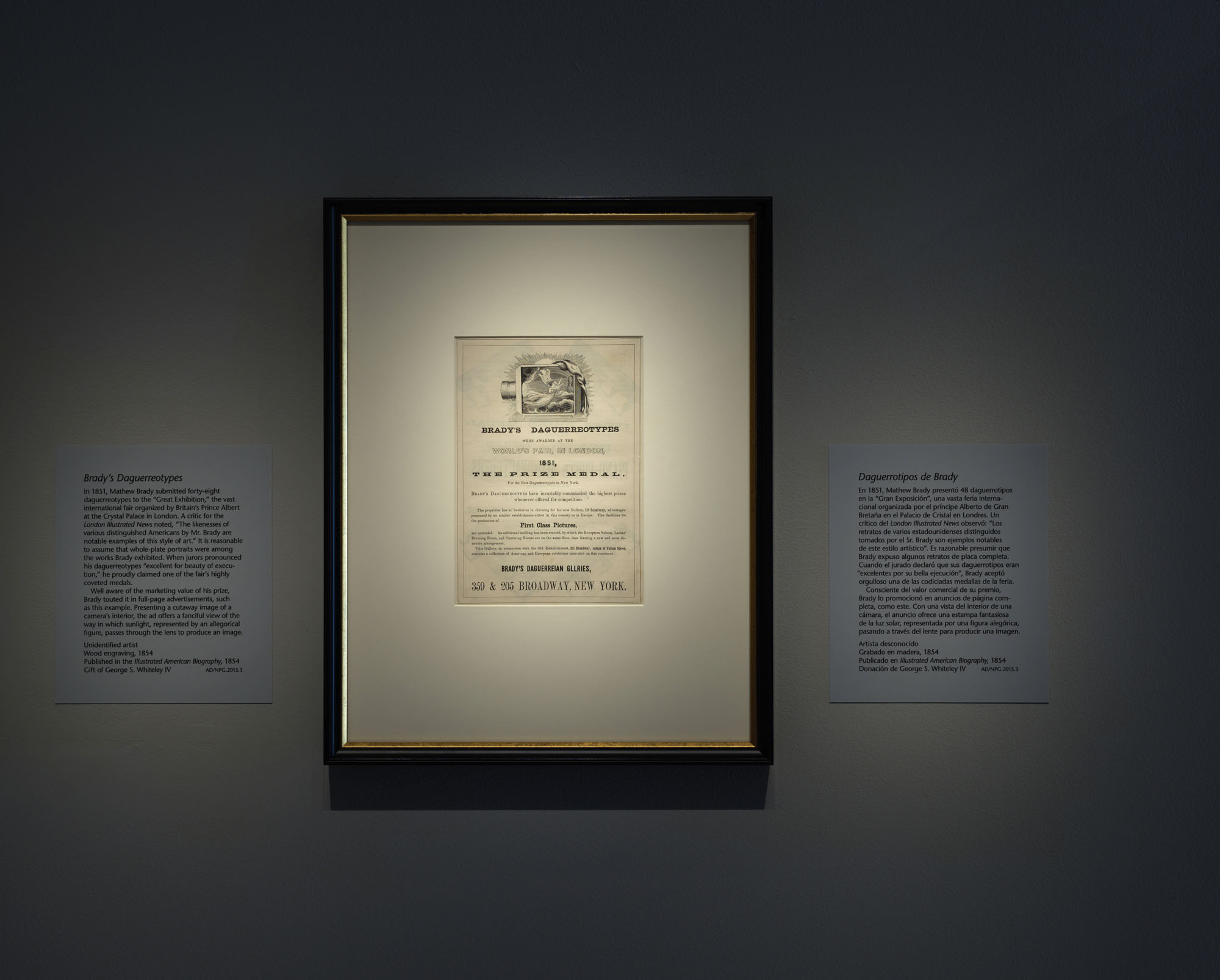Installation view of the exhibition 'From Shadow to Substance: Grand-Scale Portraits During Photography's Formative Years' at the National Portrait Gallery, Washington, June 20, 2025 - June 7, 2026 showing a wood engraving by an unidentified artist 'Brady's Daguerreotypes' 1854 Installation view of the exhibition 'From Shadow to Substance: Grand-Scale Portraits During Photography's Formative Years' at the National Portrait Gallery, Washington, June 20, 2025 - June 7, 2026 showing a wood engraving by an unidentified artist 'Brady's Daguerreotypes' 1854