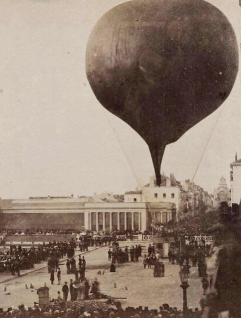Louis Ghémar (Belgian, 1820-1873) 'The hot air balloon "Le Géant", by Nadar shortly before takeoff at the Botanical Garden in Brussels' 1864