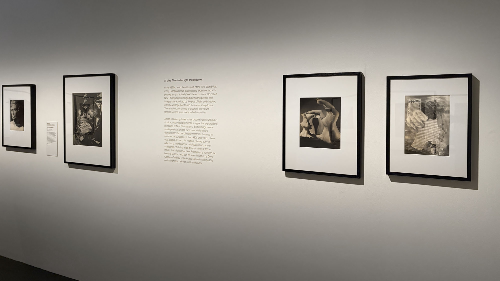 Installation view of the exhibition 'Women Photographers 1900-1975: A Legacy of Light' at NGV International, Melbourne, November 2025 - May 2026 showing at second left, Ilse Bing 'Salut de Schiaparelli'(1934); at second right, Annemarie Heinrich (Argentinian born Germany, 1912-2005) 'Eva's apple' (La manzana de Eva) 1953; and at right, ringl+pit (German, active 1930-1933, Ellen Auerbach and Grete Stern) 'Komol' (1931, printed 1984) Installation view of the exhibition 'Women Photographers 1900-1975: A Legacy of Light' at NGV International, Melbourne, November 2025 - May 2026 showing at second left, Ilse Bing 'Salut de Schiaparelli'(1934); at second right, Annemarie Heinrich (Argentinian born Germany, 1912-2005) 'Eva's apple' (La manzana de Eva) 1953; and at right, ringl+pit (German, active 1930-1933, Ellen Auerbach and Grete Stern) 'Komol' (1931, printed 1984)