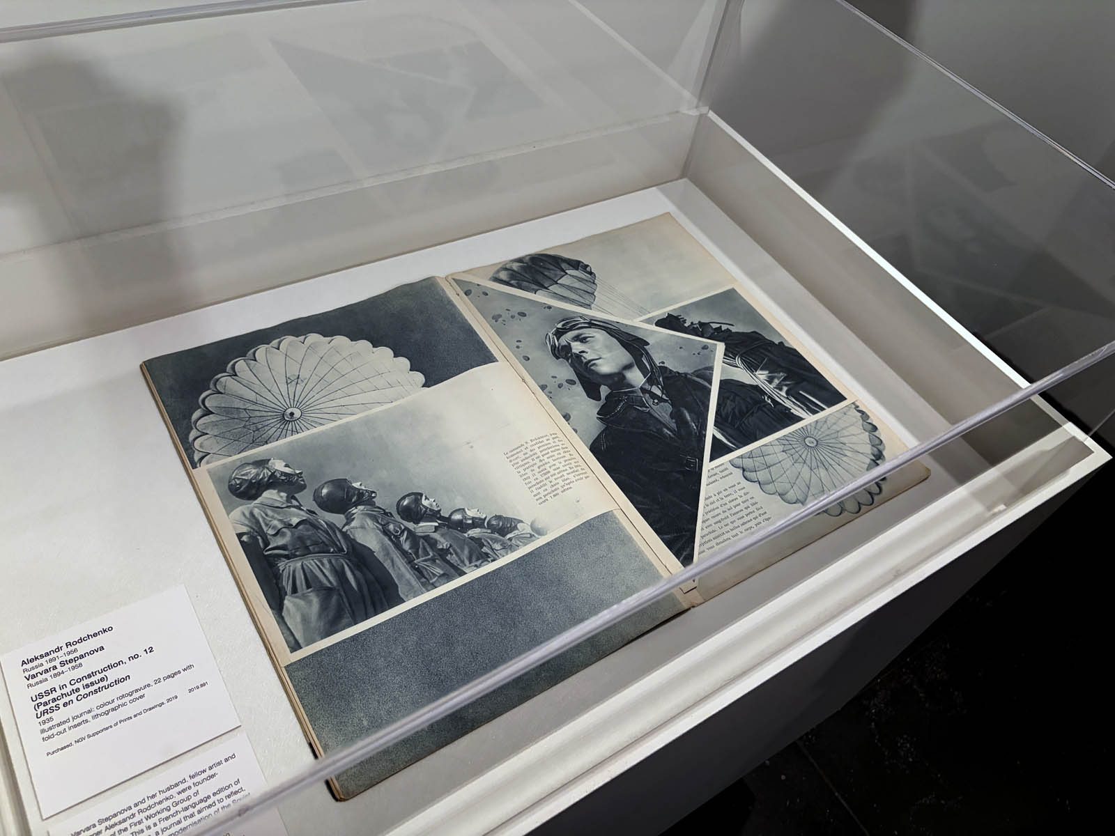 Aleksandr Rodchenko (Russian, 1891-1956) and Varvara Stepanova (Russian, 1894-1958) 'USSR in construction, no.12 (Parachute issue)' 1935 (installation view) Aleksandr Rodchenko (Russian, 1891-1956) and Varvara Stepanova (Russian, 1894-1958) 'USSR in construction, no.12 (Parachute issue)' 1935 (installation view)