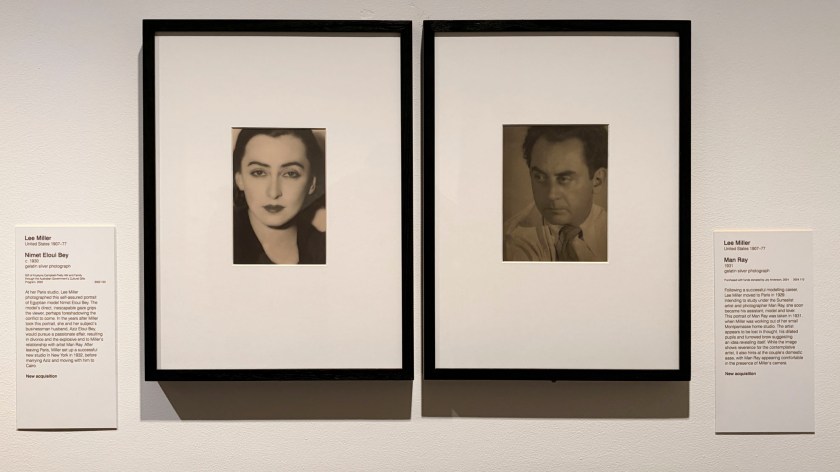 Installation view of the exhibition 'Women Photographers 1900-1975: A Legacy of Light' at NGV International, Melbourne, November 2025 - May 2026 showing from left to right, Lee Miller 'Nimet Eloui Bey' (c. 1930) and Lee Miller 'Man Ray' (1931)