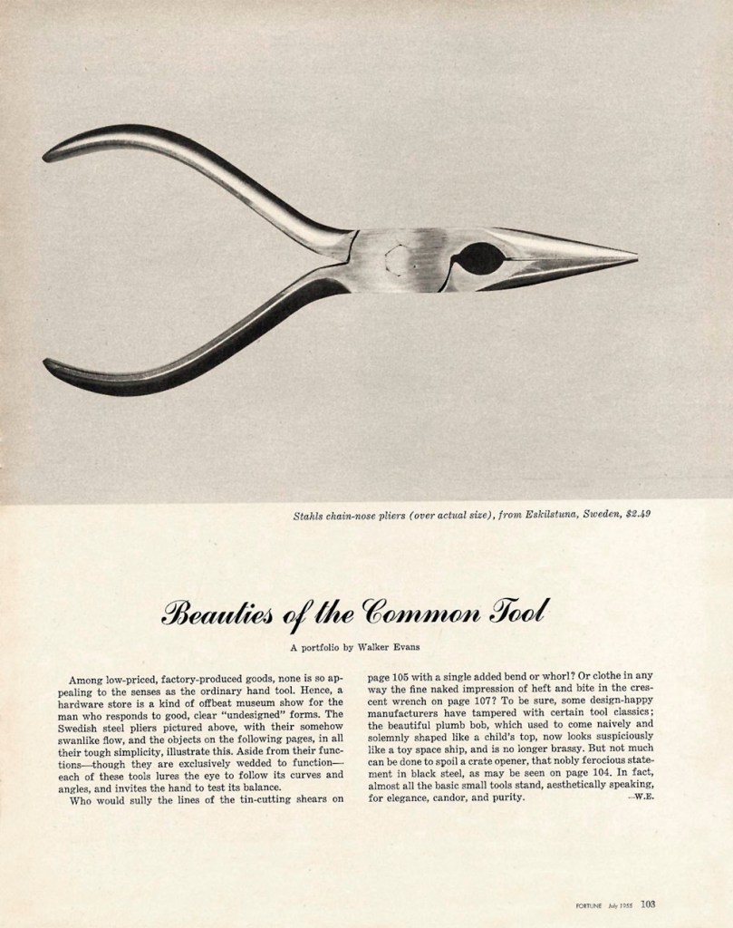 Opening page from Walker Evans' 1955 Fortune magazine photo essay 'Beauties of the Common Tool', July 1, 1955