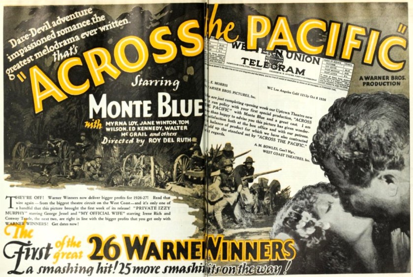 Advertisement for the American romantic adventure film 'Across the Pacific' (1926) with Monte Blue and Myrna Loy, on pages 6 and 7 of the October 26, 1926 'Film Daily'