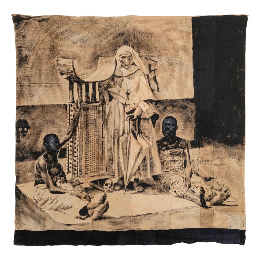 Roméo Mivekannin (Ivory Coast, b. 1986) 'La Mère Mélanie et deux épouses de Glélé, palais royaux d’Abomey' (Mother Melanie and two wives of Glélé, royal palaces of Abomey) 2021
