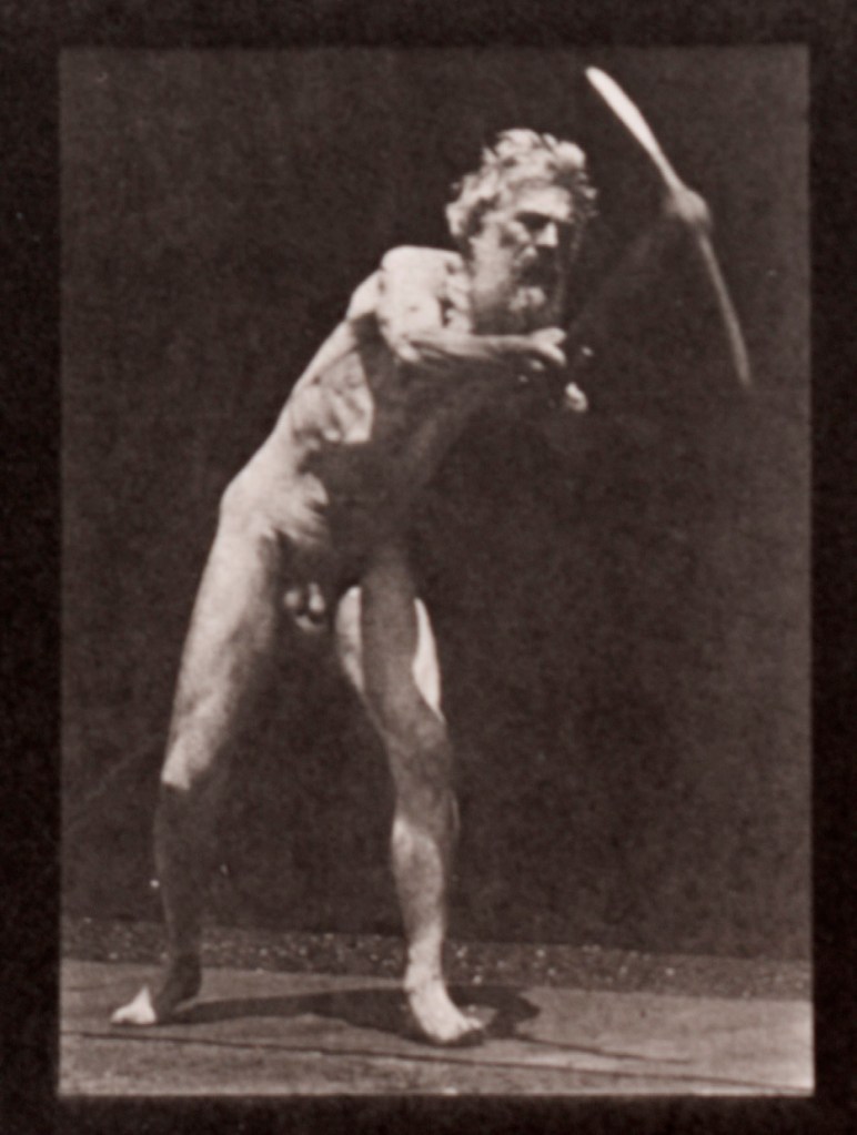 Eadweard J. Muybridge (English, 1830-1904) 'Animal Locomotion, Plate 521: A: Walking, B: Ascending a Step, C: Throwing the Disc, D: Using a Shovel, E: Using a Pick, 1884-85' 1887 (detail)