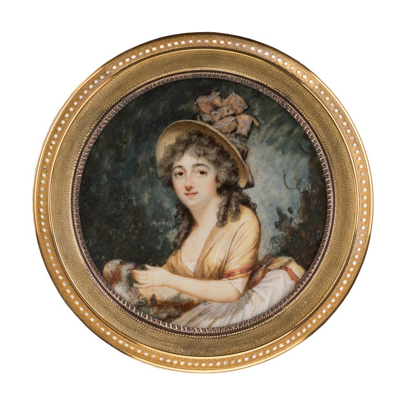 Pierre-Charles Hénard (French, 1756-1813) 'Lady with straw hat and puppy' c. 1795