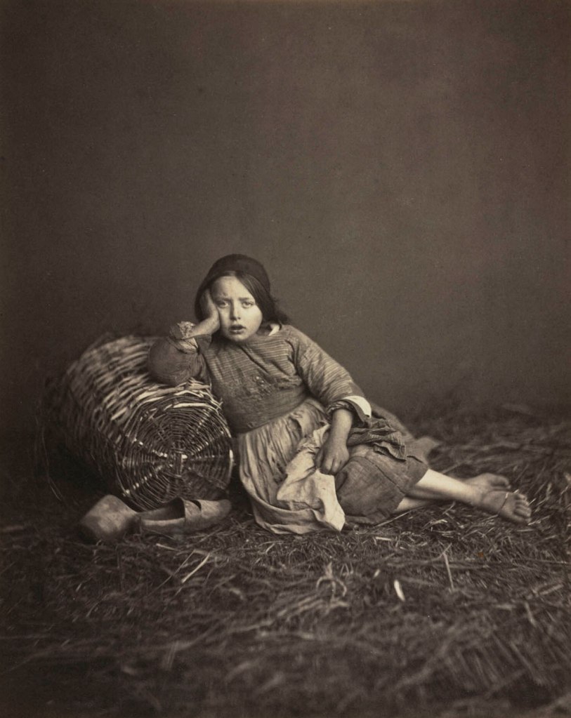 Edmond Bacot (French, 1814-1875) 'Young Girl Seated on Straw, Leaning on a Basket' 1862