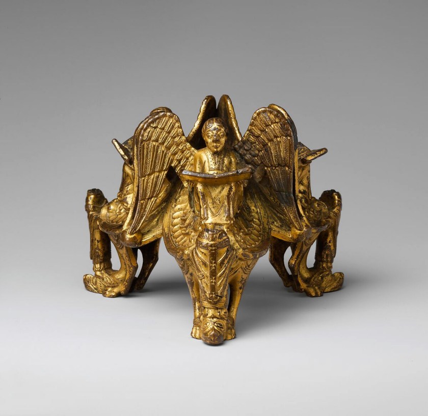 Unknown maker (North Italian) 'Base of an Altar Cross with Reading Angels Sitting on Dragons and Standing Church Fathers' c. 1125-1150