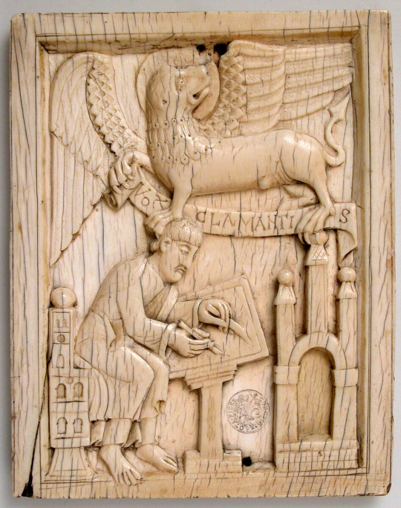 Unknown maker (German) 'Evangelist Saint Mark writing the Gospel with his symbol, the Lion, holding a scroll' 11th century