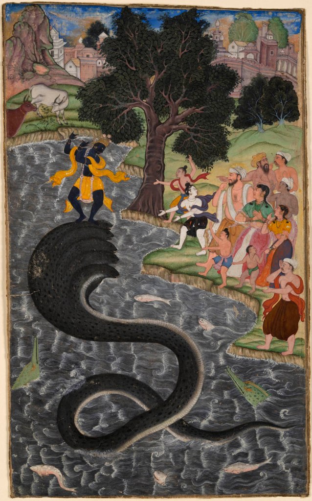 India. 'Krishna Dances on the Head of Kaliya' c. 1590-1595