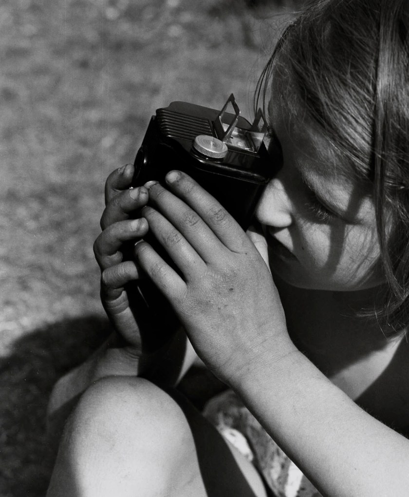 Lucia Moholy (British born Czech, 1894-1989) 'Mädchen mit Kamera beim Fotograeren (Lucia Tochter von Yella und Hans Curjel)' (Girl with camera taking photos (Lucia, daughter of Yella and Hans Curjel)) c. 1929