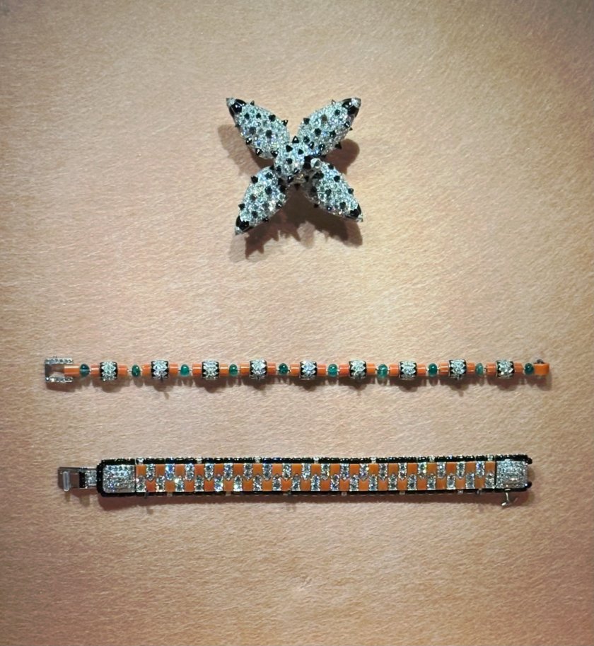 Installation view of the exhibition 'Cartier' at NGV International, Melbourne, June - October, 2026 showing Brooch, originally set as a head ornament (Cartier Paris, 1925, modified in 1927); Bracelet (Cartier Paris, 1922); Bracelet (Cartier Paris, 1925)