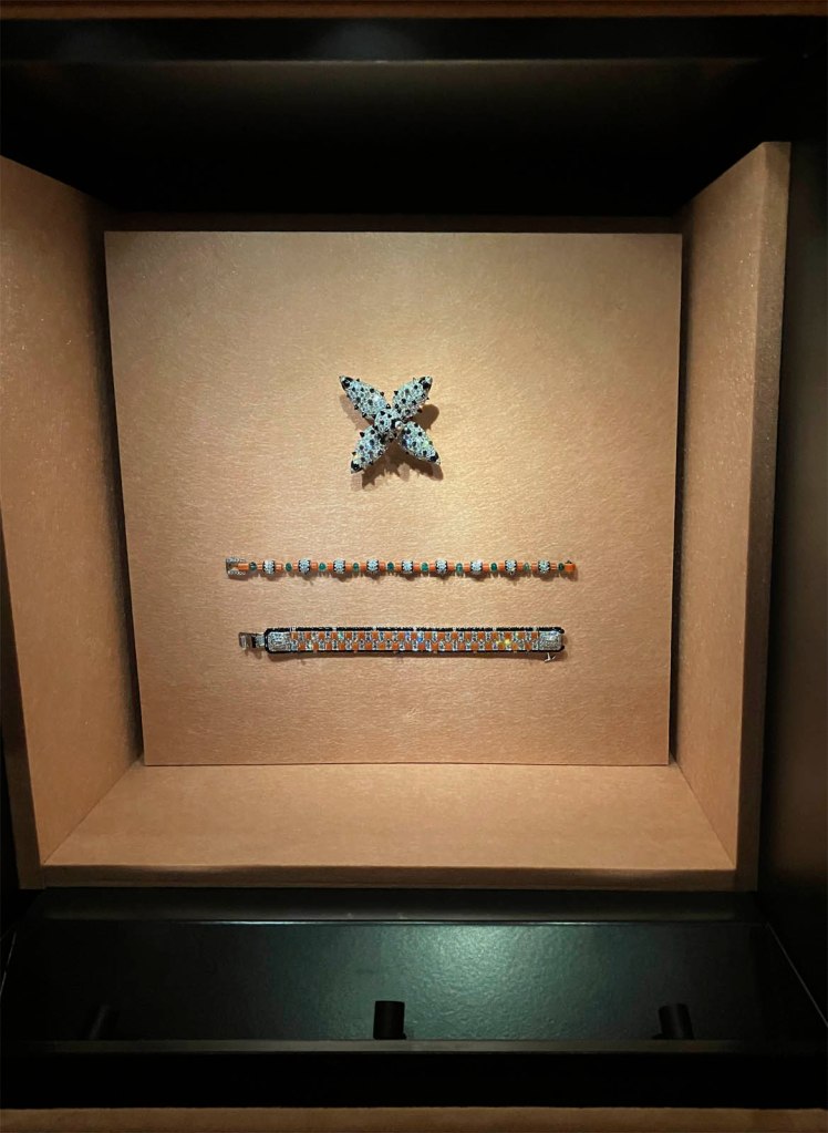 Installation view of the exhibition 'Cartier' at NGV International, Melbourne, June - October, 2026 showing Brooch, originally set as a head ornament (Cartier Paris, 1925, modified in 1927); Bracelet (Cartier Paris, 1922); Bracelet (Cartier Paris, 1925)