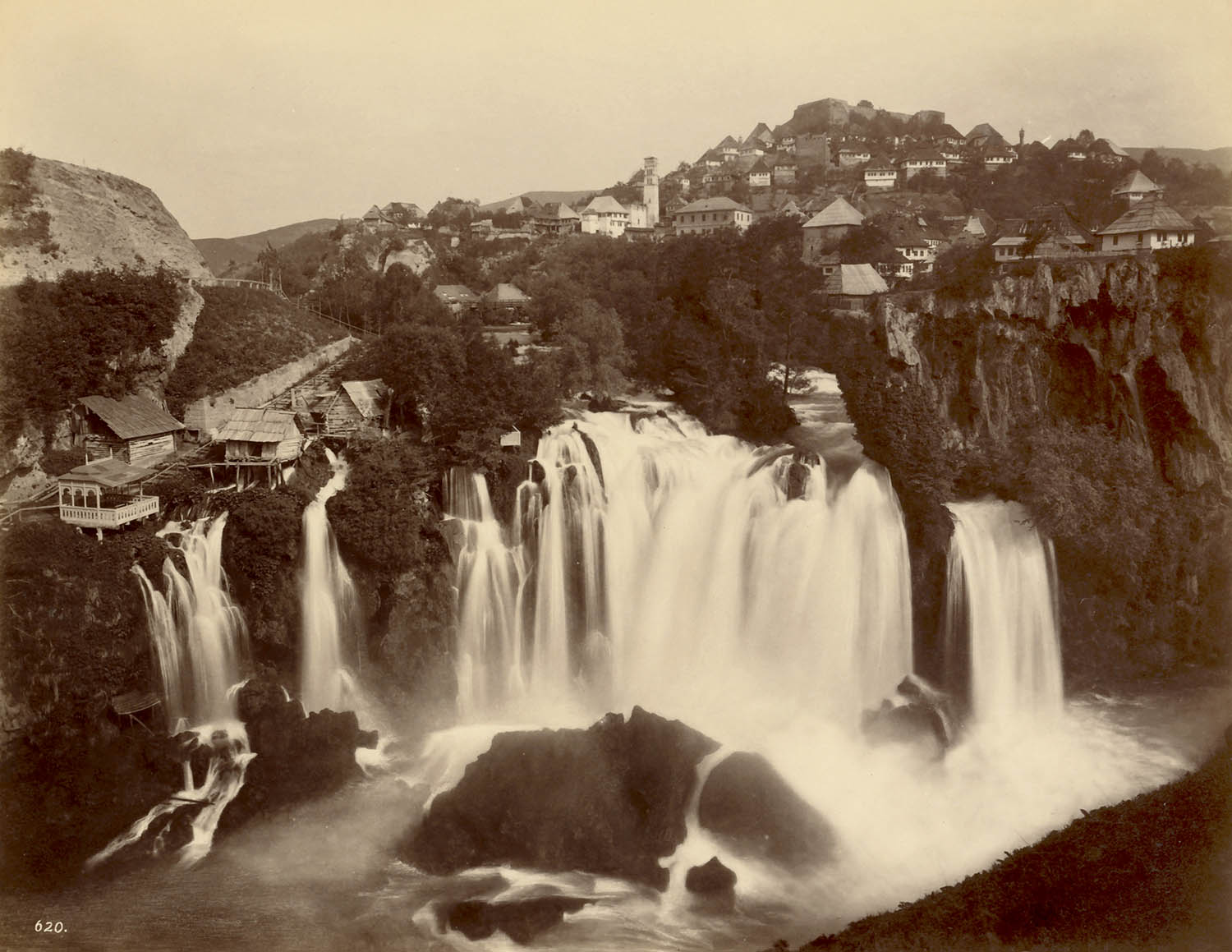 Raimund Stillfried von Rathenitz (Austrian, 1839-1911) 'Jajce with the Pliva Waterfall, Bosnia and Herzegovina' 1889